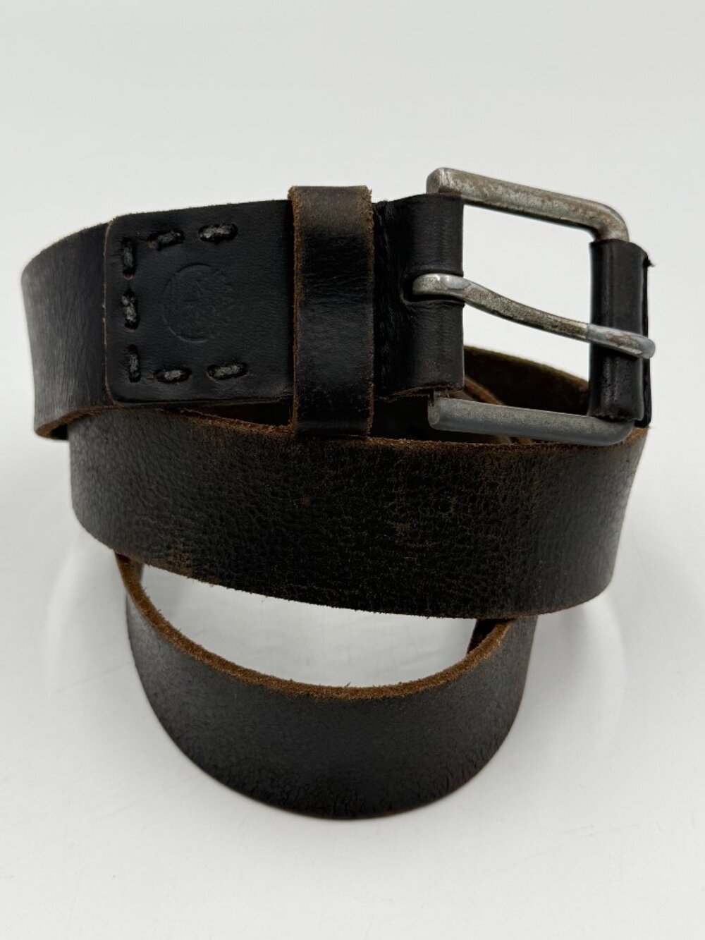 Timberland Genuine Leather Belt Size 36 Brown Silver Buckle 1.5" Wide Worn READ